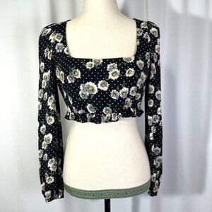Zara Crop Top Black Daisy Polka Dots Long Sleeves Boho Floral Size S